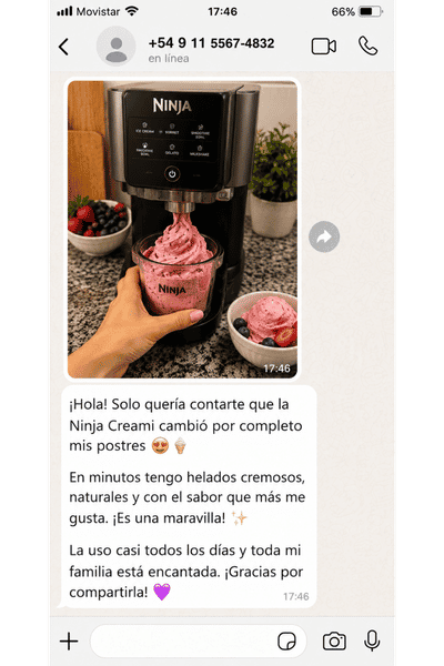 Mensaje de un cliente mostrando helado de frutos rojos hecho en casa