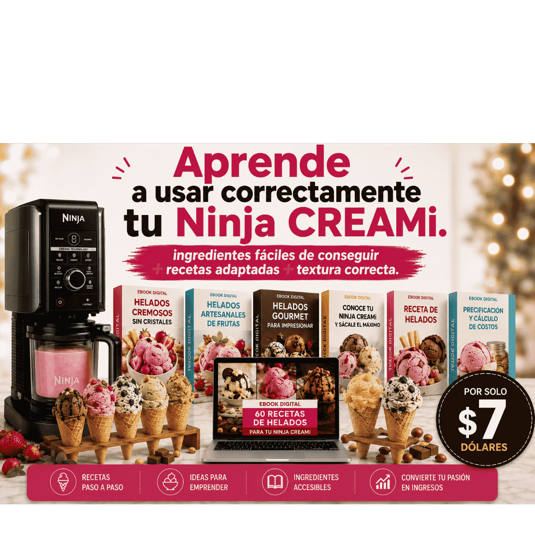 Máquina Ninja CREAMi junto a la guía digital de 60 recetas de helados cremosos